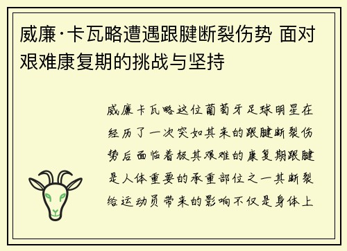 威廉·卡瓦略遭遇跟腱断裂伤势 面对艰难康复期的挑战与坚持 威廉·卡瓦略遭遇跟腱断裂伤势 面对艰难康复期的挑战与坚持
