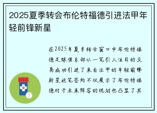 2025夏季转会布伦特福德引进法甲年轻前锋新星