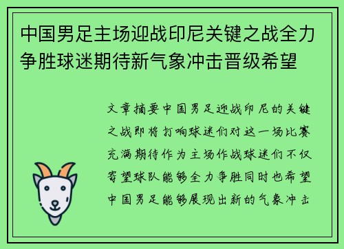 中国男足主场迎战印尼关键之战全力争胜球迷期待新气象冲击晋级希望